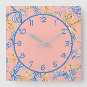 Reloj Cuadrado Elegante patrón de Swirl Azul Rosa