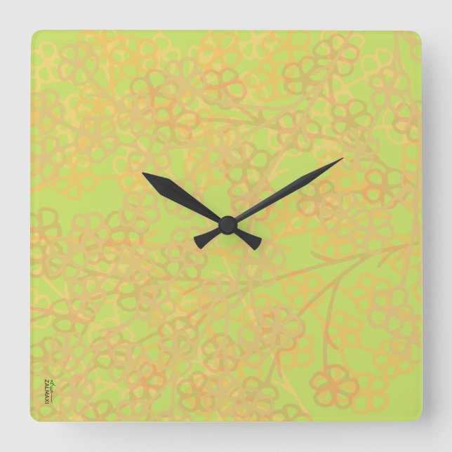 Reloj Cuadrado Elegante Patrón floral de abstrato verde dorado (Anverso)