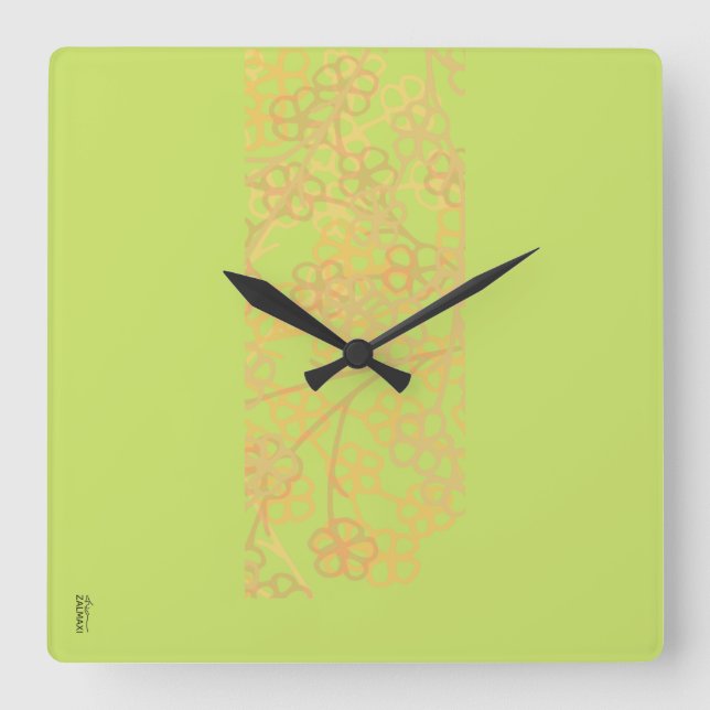 Reloj Cuadrado Elegante Patrón floral de abstrato verde dorado (Anverso)