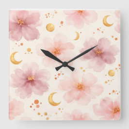 Reloj Cuadrado Elegante patrón floral de acuarela rosa