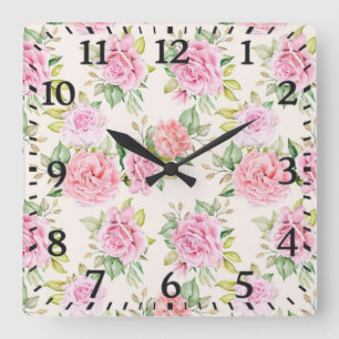 Reloj Cuadrado Elegante patrón floral de rosa romántica