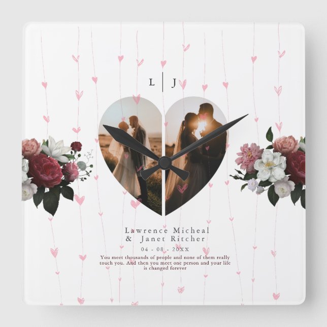 Reloj Cuadrado Elegante Personalizado fotográfica en forma de cor (Anverso)