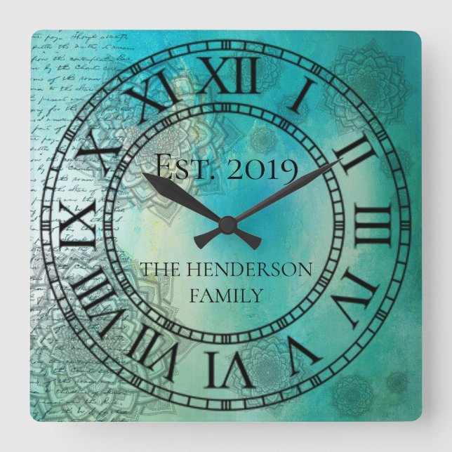 Reloj Cuadrado Elegante Personalizado Mandela Azul Verde azulado (Anverso)