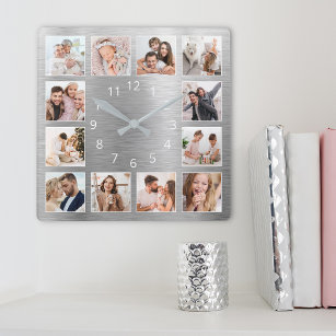 Reloj Cuadrado Elegante Plata de fotografía familiar personalizad