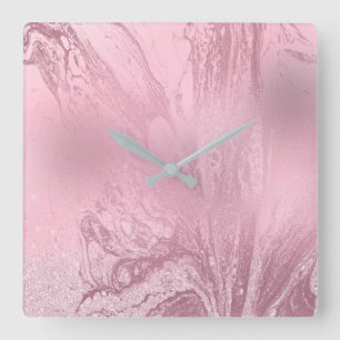 Reloj Cuadrado Elegante purpurina moderno de mármol rosa dorado r