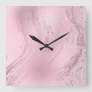 Reloj Cuadrado Elegante purpurina moderno de mármol rosa dorado r