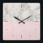 Reloj Cuadrado Elegante purpurina rosa dorado y mármol blanco<br><div class="desc">Elegante purpurina rosa dorado y diseño de mármol blanco.</div>