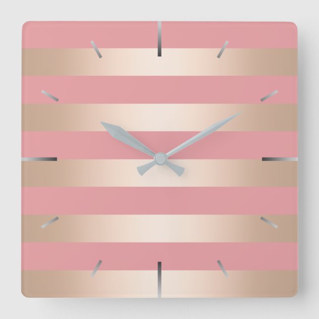 Reloj Cuadrado Elegante rosa de pollo moderno de rayas rosadas do (Anverso)