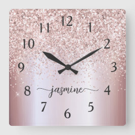 Reloj Cuadrado Elegante Rosa Purpurina dorado Monograma firma