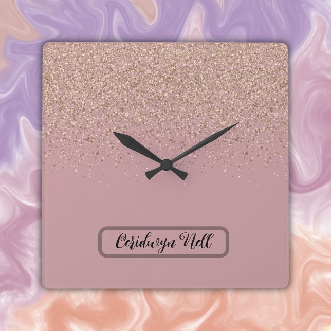 Reloj Cuadrado Elegante Rosa Purpurina Monograma Nombre | (Subido por el creador)
