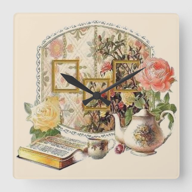 Reloj Cuadrado Elegante salón de té victoriano antiguo (Anverso)