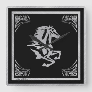 RELOJ CUADRADO ELEGANTE SILUETA DE CABALLO DE PLATA