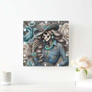 Reloj Cuadrado Elegante Skeleton Retrato Fondo Floral