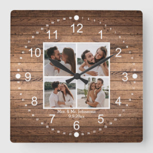 Reloj Cuadrado elegante sra y sr  4 fotos collage rústico boda