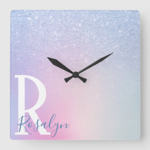 Reloj Cuadrado Elegante y elegante arco iris purpurina azul oscur