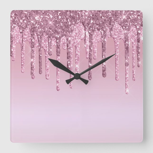 Reloj Cuadrado Elegante y elegante goteo de purpurina rosa dorado (Anverso)