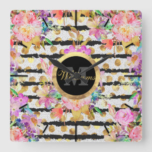 Reloj Cuadrado Elegantes flores primaverales y diseño de rayas