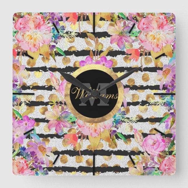 Reloj Cuadrado Elegantes flores primaverales y diseño de rayas (Anverso)