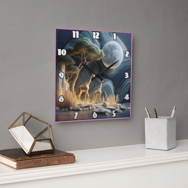 Reloj Cuadrado Elegantes jirafas bajo el cielo africano iluminado (Oficina)