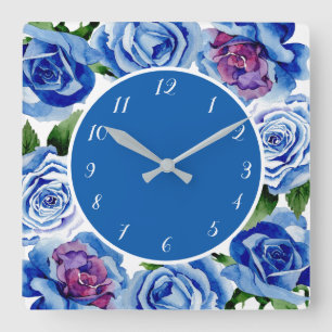 Reloj Cuadrado Elegantes Rosas Azules Decoración floral