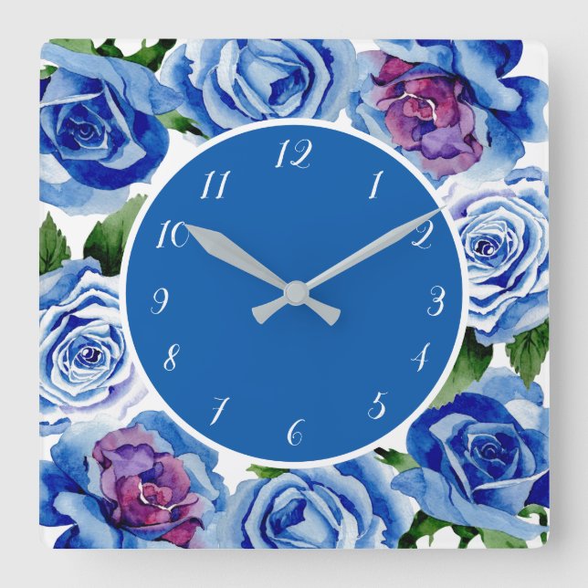 Reloj Cuadrado Elegantes Rosas Azules Decoración floral (Anverso)