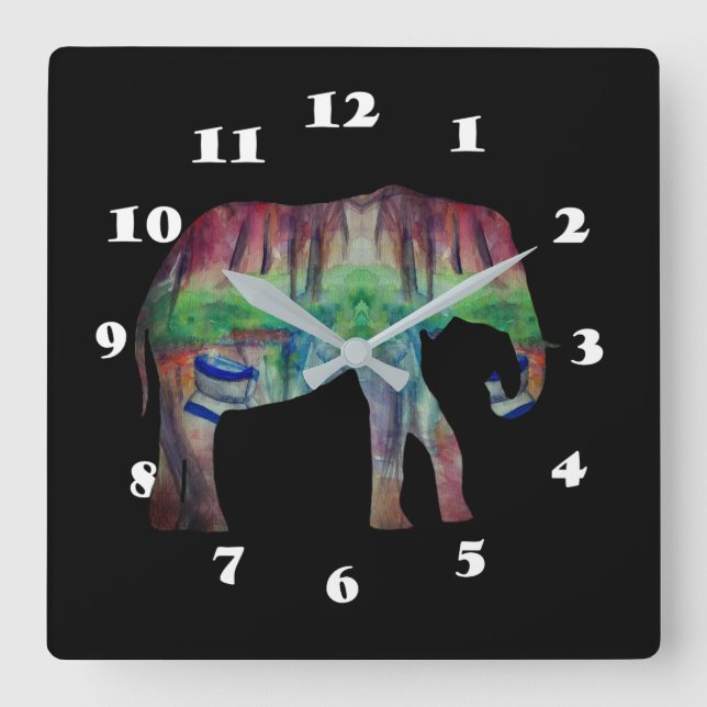 Reloj Cuadrado Elephant Watercolor Art (Anverso)