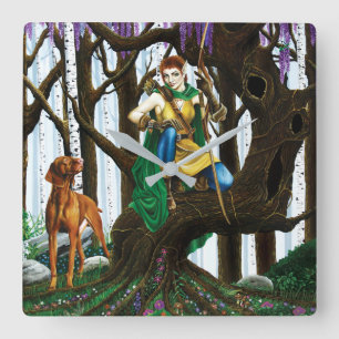 Reloj Cuadrado Elfo de fantasía Arquero Perro Vizsla Bosque Encan