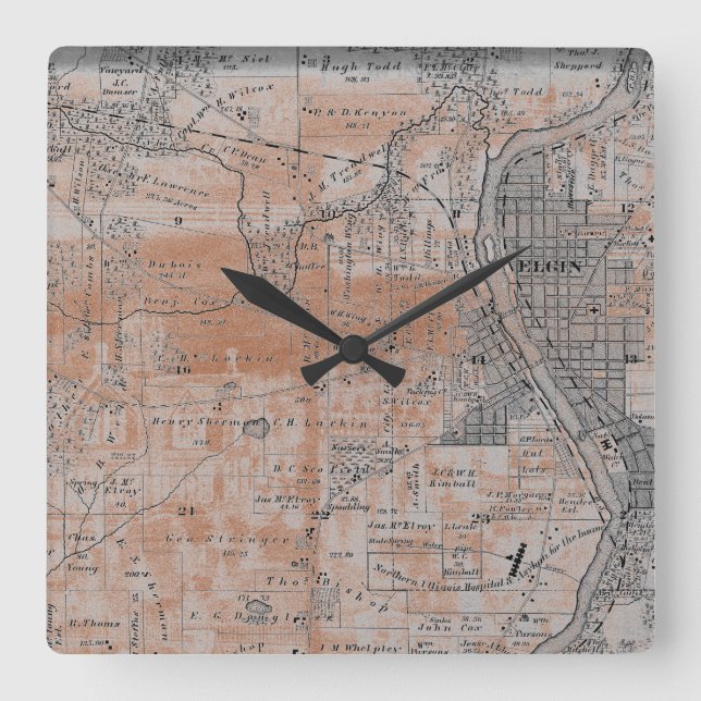 Reloj Cuadrado Elgin Illinois 1870 Planta Map Fox River Downtown (Anverso)