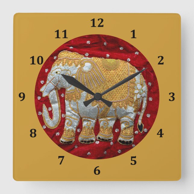 Reloj Cuadrado Embellished Indian Elephant Red and Gold (Anverso)