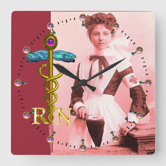 Reloj Cuadrado Emblema del caduceo NR de la ENFERMERA y del oro (Anverso)