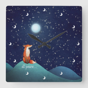 Reloj Cuadrado en paz ~ Encantador Fox Sitting Under a Luna