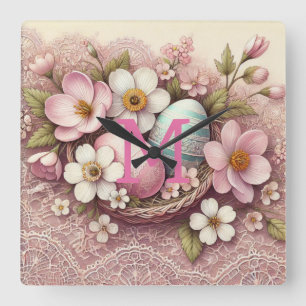 Reloj Cuadrado Encaje de monograma rosado con huevos de Pascua fl