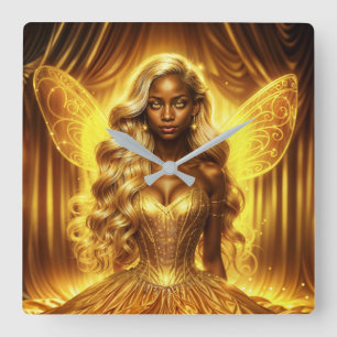 Reloj Cuadrado Encantado hada dorada elegantes alas espumosas