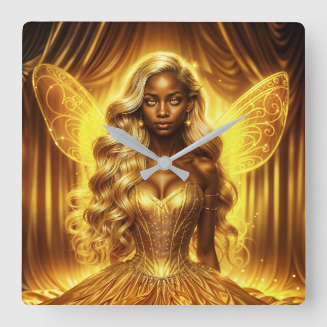 Reloj Cuadrado Encantado hada dorada elegantes alas espumosas (Anverso)
