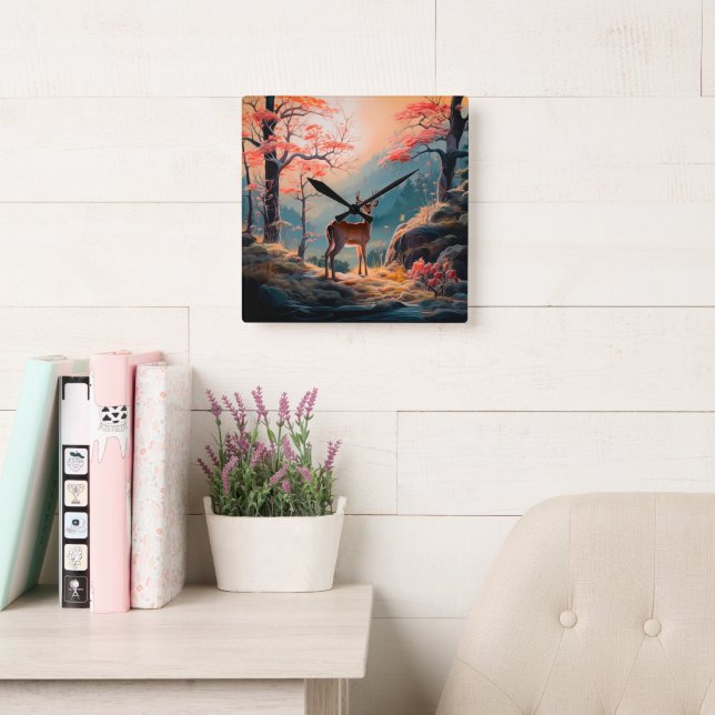 Reloj Cuadrado Encantador Diseño de Escenario del Bosque de Cerfs (Sala de lectura)