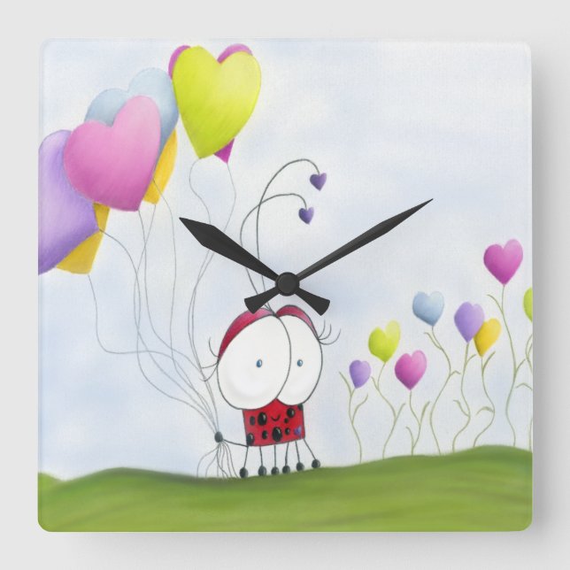 Reloj Cuadrado Encantadora Ladybug con los globos del corazón col (Anverso)