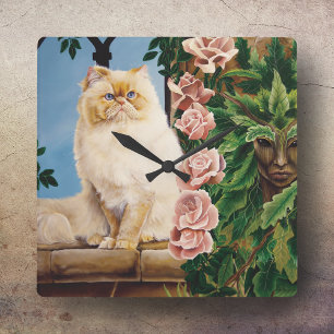 Reloj Cuadrado Encantadora Rosa Crema Gato Persa Bosque Dríade