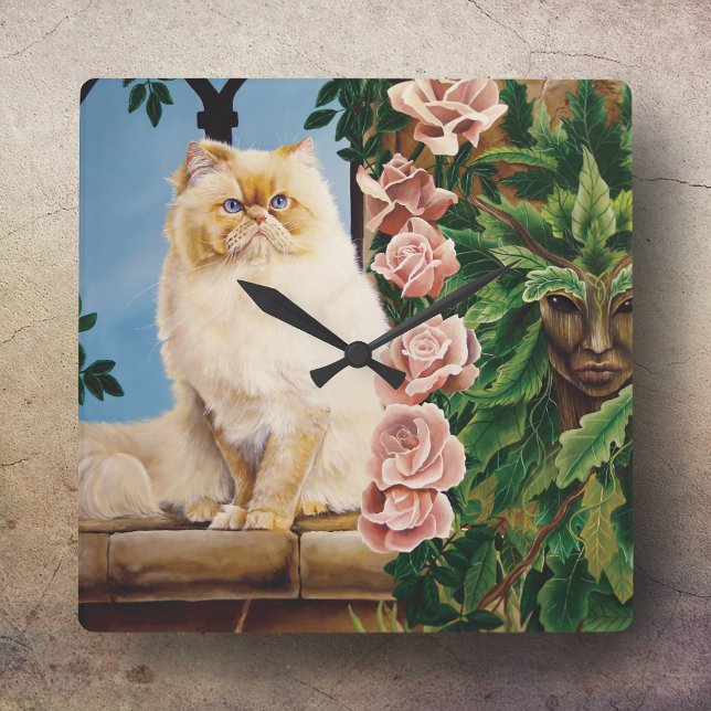 Reloj Cuadrado Encantadora Rosa Crema Gato Persa Bosque Dríade (Subido por el creador)