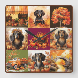 Reloj Cuadrado Encanto de otoño: Dachshunds y escenas de caída