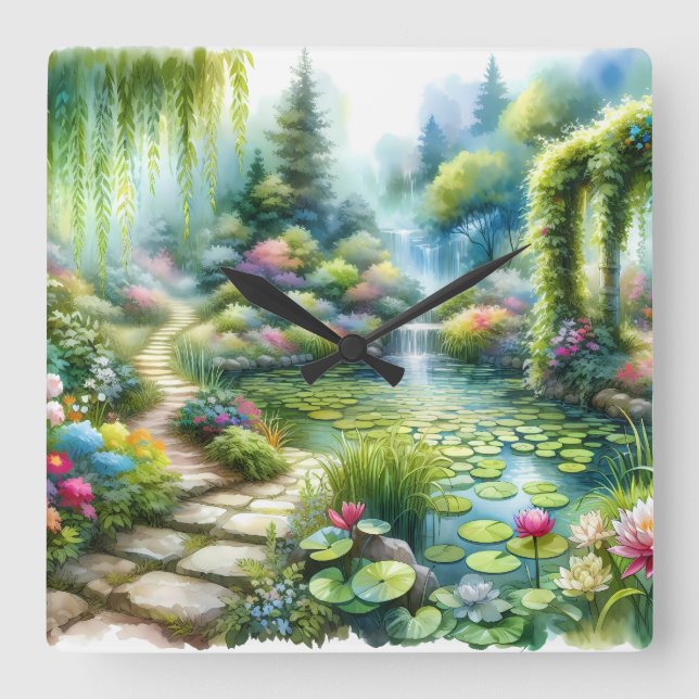 Reloj Cuadrado Enchanted Waterfall Garden Lily Pond (Anverso)