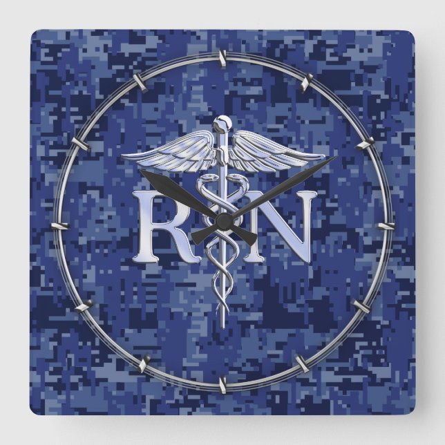 Reloj Cuadrado Enfermera inscrita RN Caduceus en Blue Camo (Anverso)