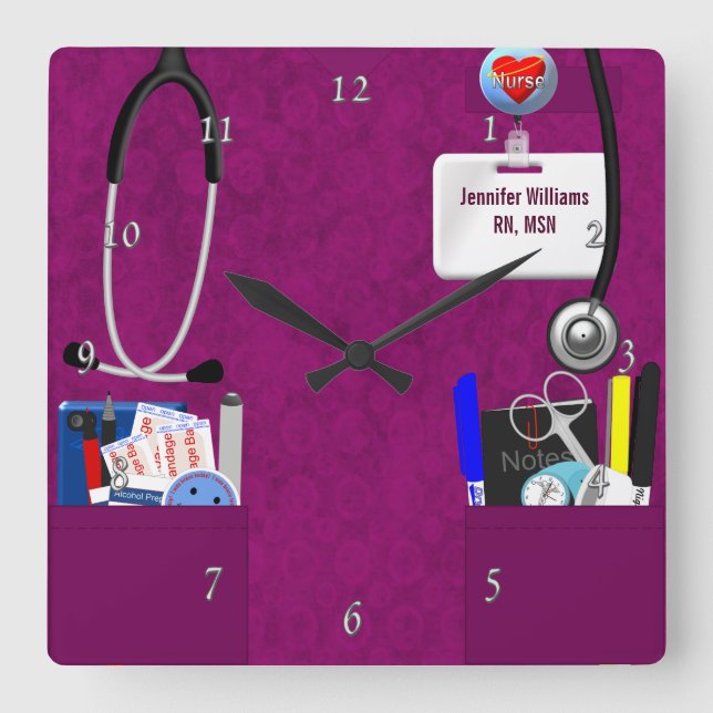Reloj Cuadrado Enfermera personalizada en rosa oscuro (Anverso)