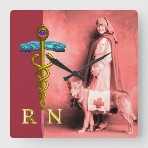 Reloj Cuadrado ENFERMERA Y PERRO DE RESCATE / Emblema de Caduceo