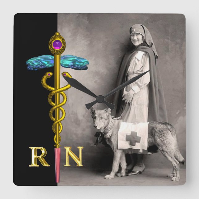 Reloj Cuadrado ENFERMERA Y PERRO DE RESCATE / Emblema RN de Caduc (Anverso)