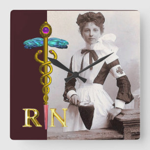 Reloj Cuadrado ENFERMERÍA DE VINTAJE y Caduceus de Oro NR Emblem