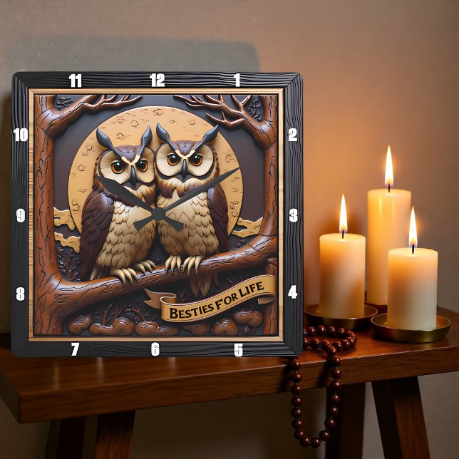 Reloj Cuadrado Engraved Owls Branch Banner Brown (Subido por el creador)