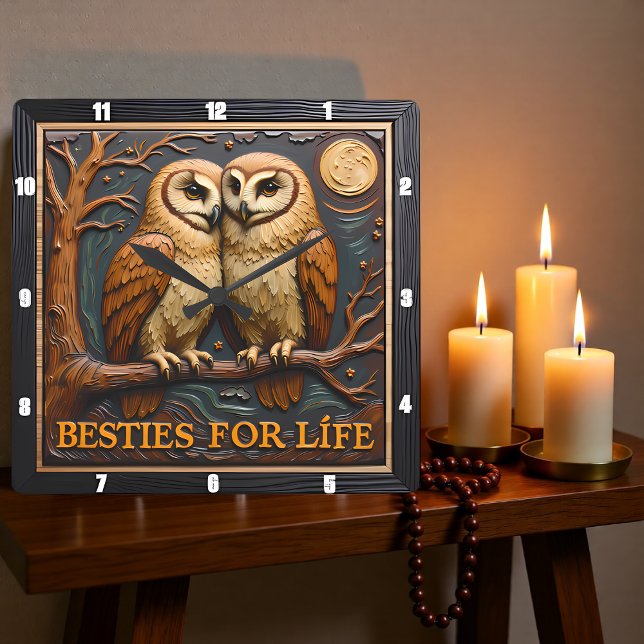 Reloj Cuadrado Engraved Owls Branch Moon Besties (Subido por el creador)