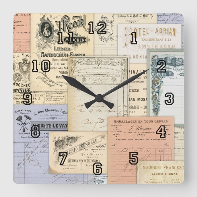 Reloj Cuadrado Ephemera europea antigua París Roma Amsterdam (Anverso)