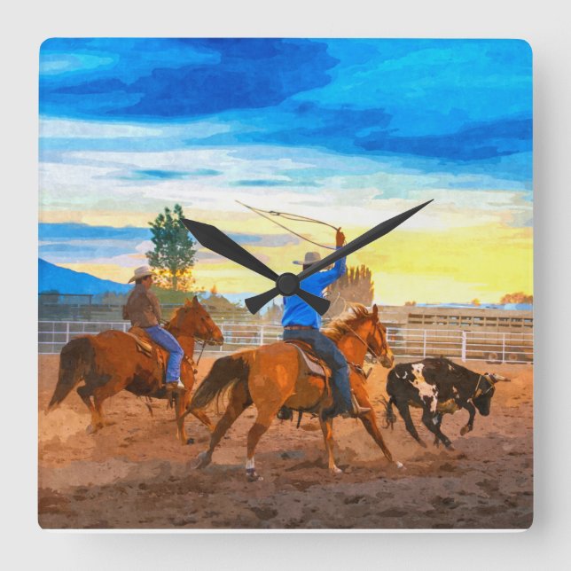 Reloj Cuadrado Equipo de Rodeo Roping Atardecer Corral Rústico Oc (Anverso)