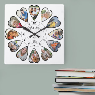 Reloj Cuadrado Érase una vez 12 fotos con forma de corazón blanca